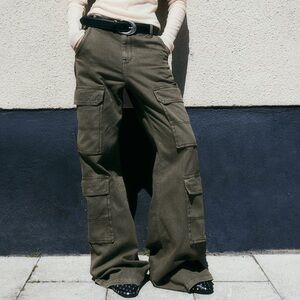 Wide Leg Cargo 100% Cotton Olive Green Size 12 NWT